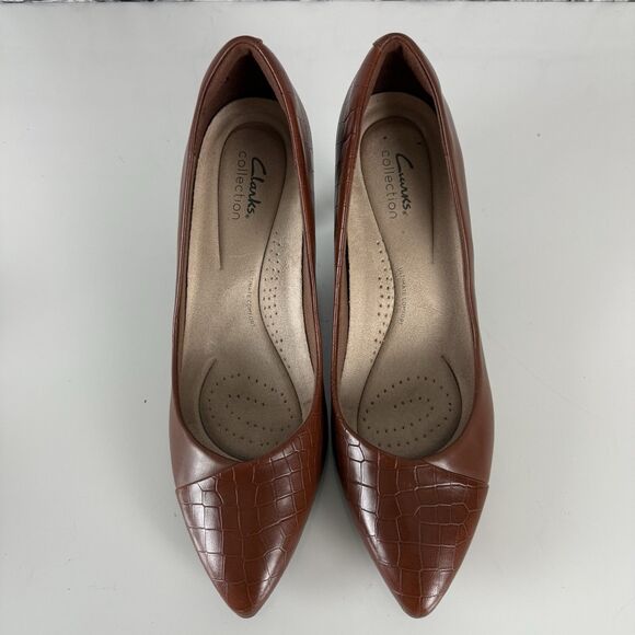 Clarks Kataleyna Rose Pump Brown Croc Leather Slip On Low Flared Heel Women 10 W - Picture 4 of 15